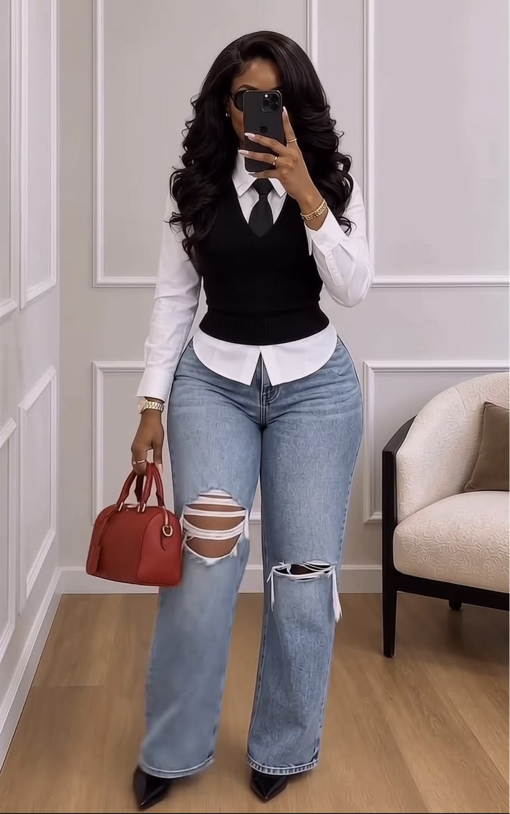 20 Baddie Work Outfits That'll Make Everyone Notice You - 10. Preppy Vest, Tie, and Ripped Denim 1