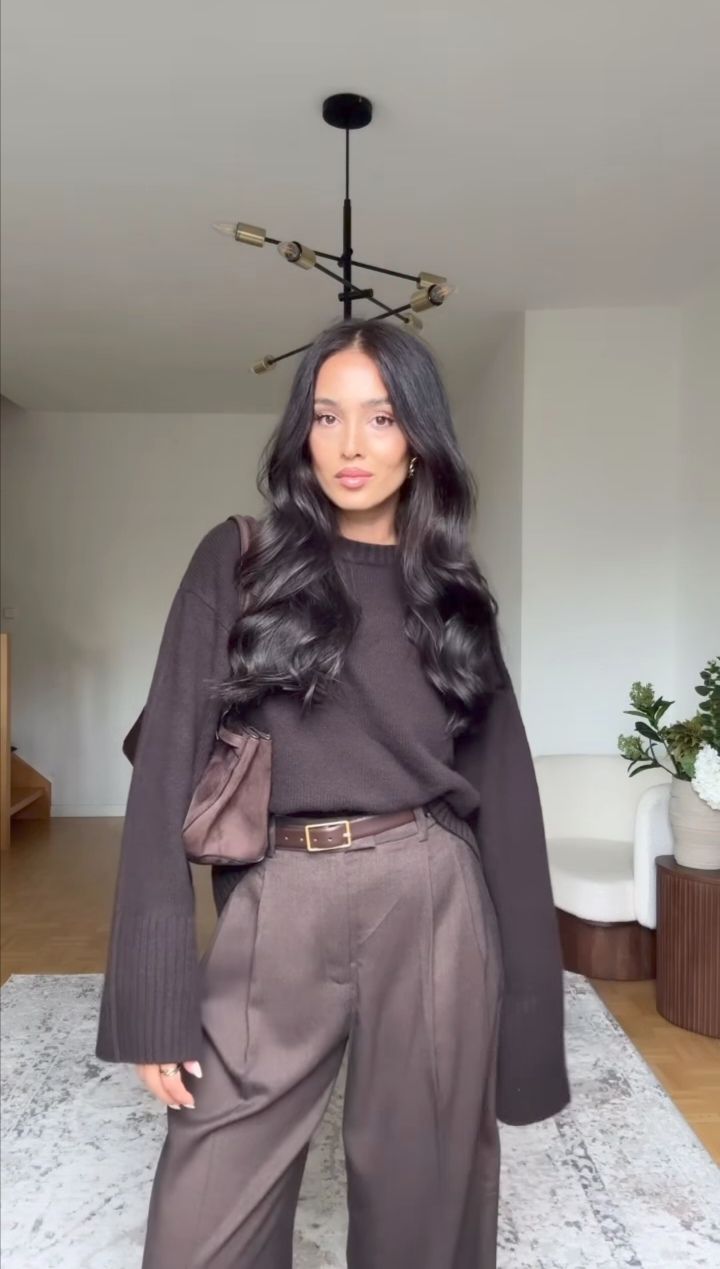 20 Baddie Work Outfits That'll Make Everyone Notice You - 11. Chocolate Knit with Tailored Taupe Pants 1