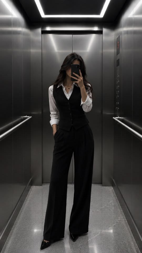 20 Baddie Work Outfits That'll Make Everyone Notice You - 12. Elevator Executive in a Black Vest Suit 1