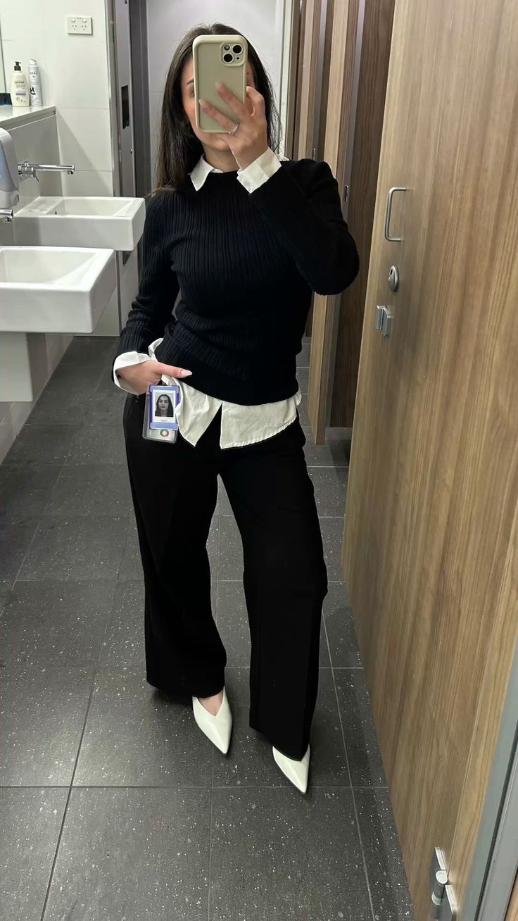 20 Baddie Work Outfits That'll Make Everyone Notice You - 14. Black Ribbed Sweater with a White Collar Pop 1