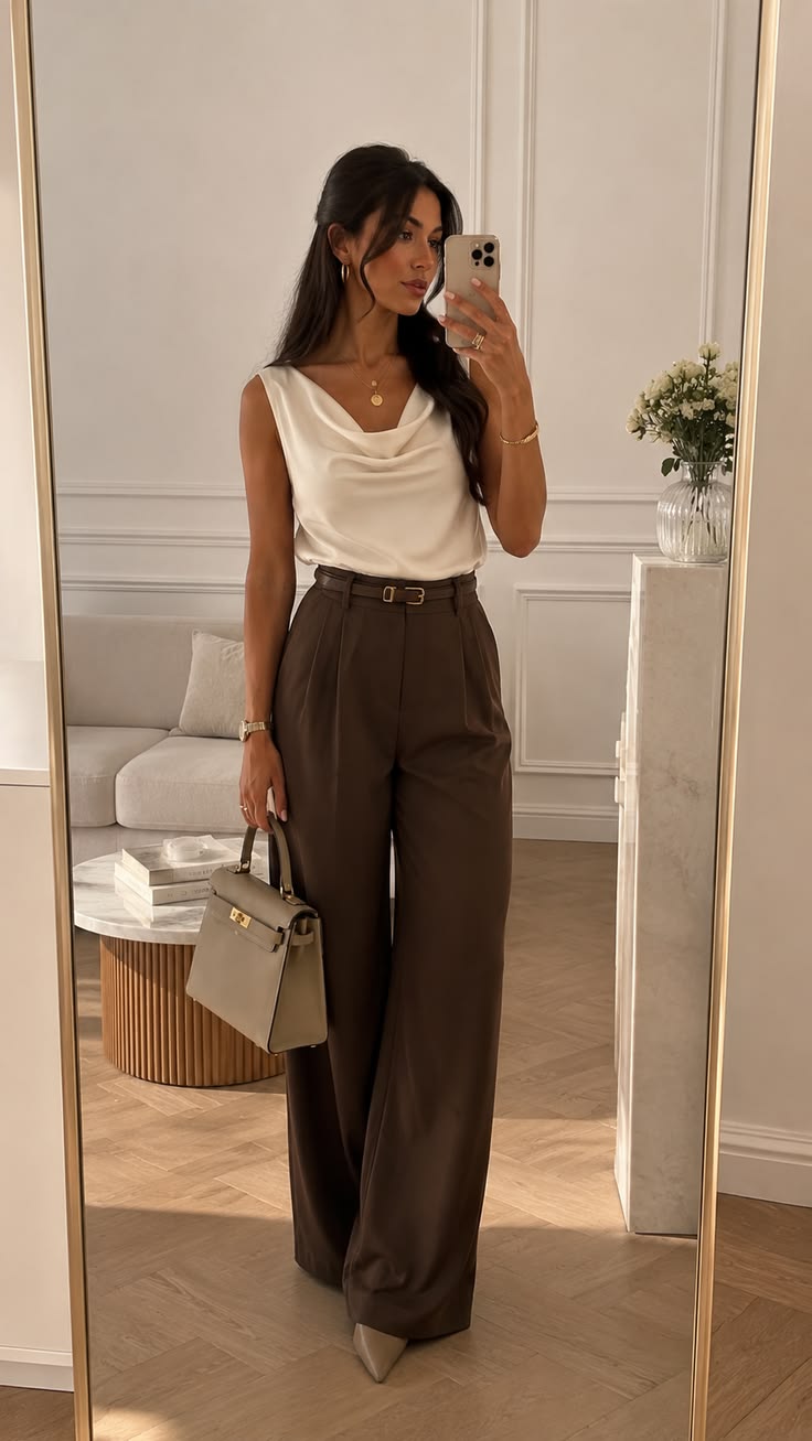 20 Baddie Work Outfits That'll Make Everyone Notice You - 15. Ivory Cowl Top with Chocolate Trousers 1