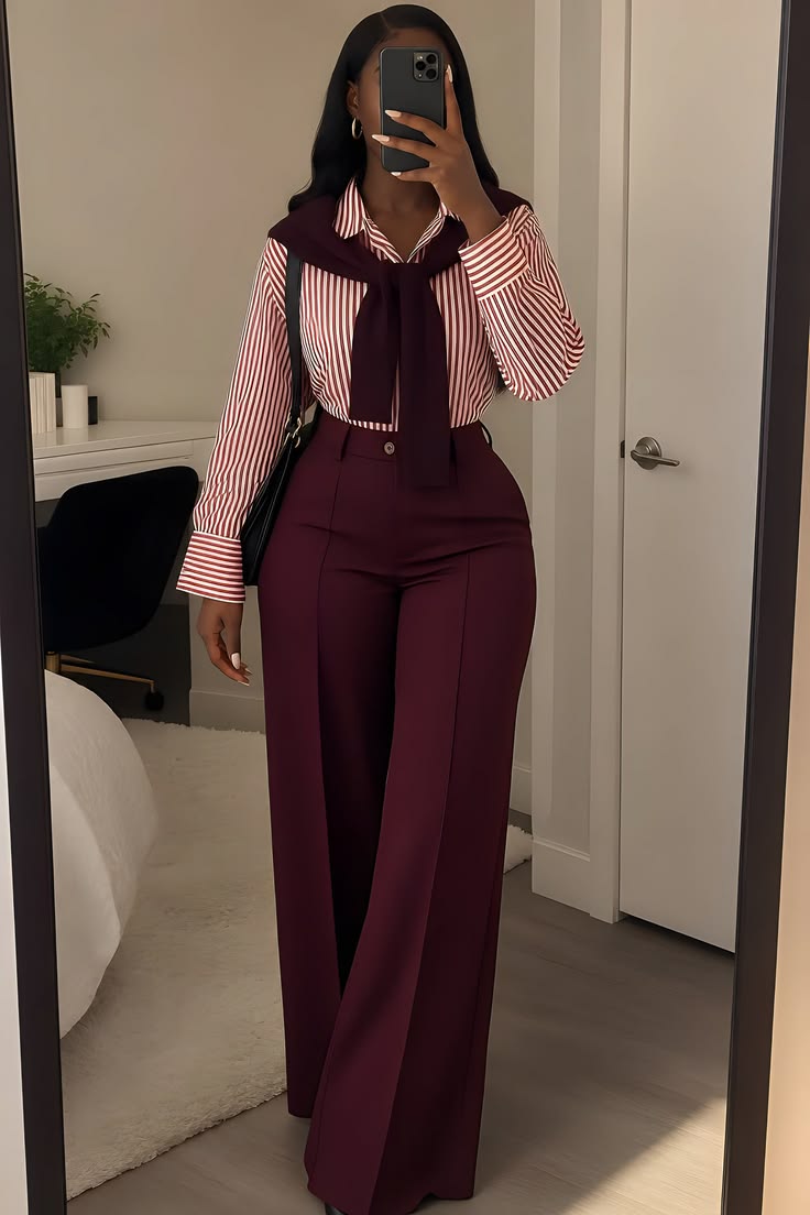 20 Baddie Work Outfits That'll Make Everyone Notice You - 17. Burgundy Stripes and Wide Wine Trousers 1