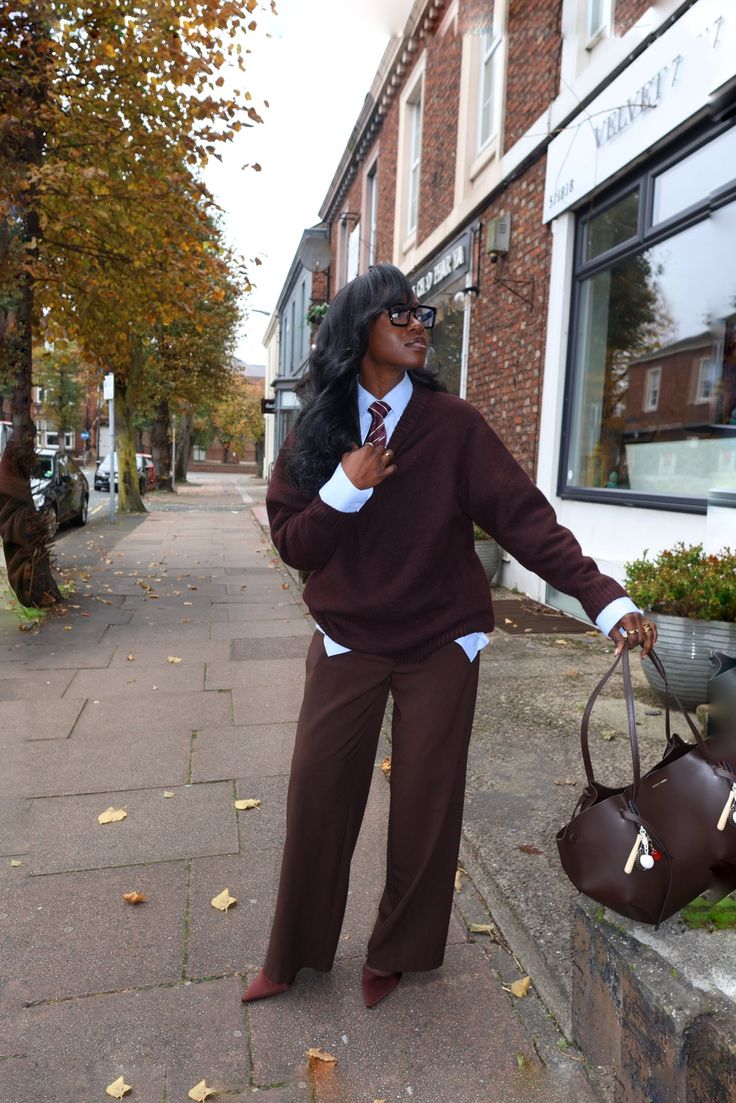 20 Baddie Work Outfits That'll Make Everyone Notice You - 20. Burgundy Sweater, White Shirt, and Chocolate Trousers 1