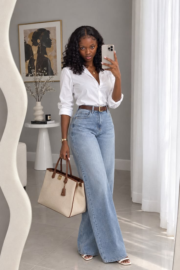 20 Baddie Work Outfits That'll Make Everyone Notice You - 3. Crisp White Shirt and Light-Wash Denim 1