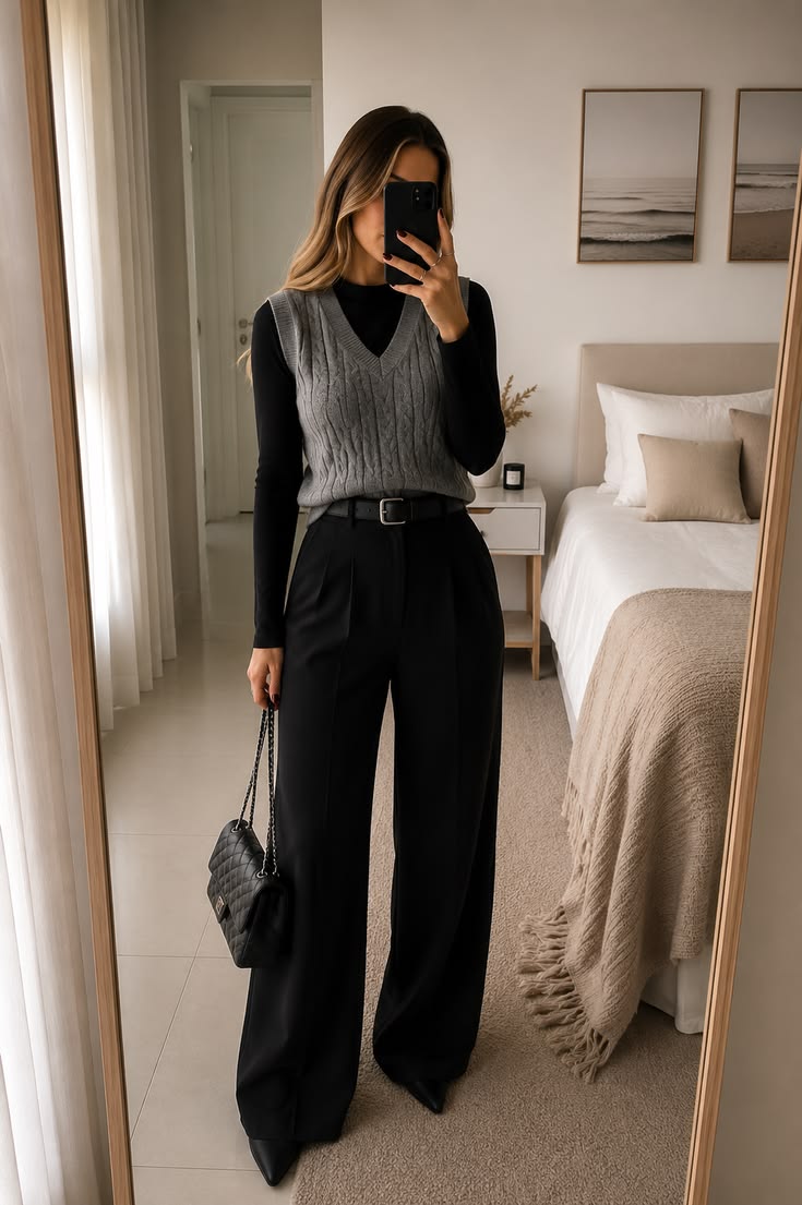 20 Baddie Work Outfits That'll Make Everyone Notice You - 4. Cable-Knit Vest with a Black Base Layer 1