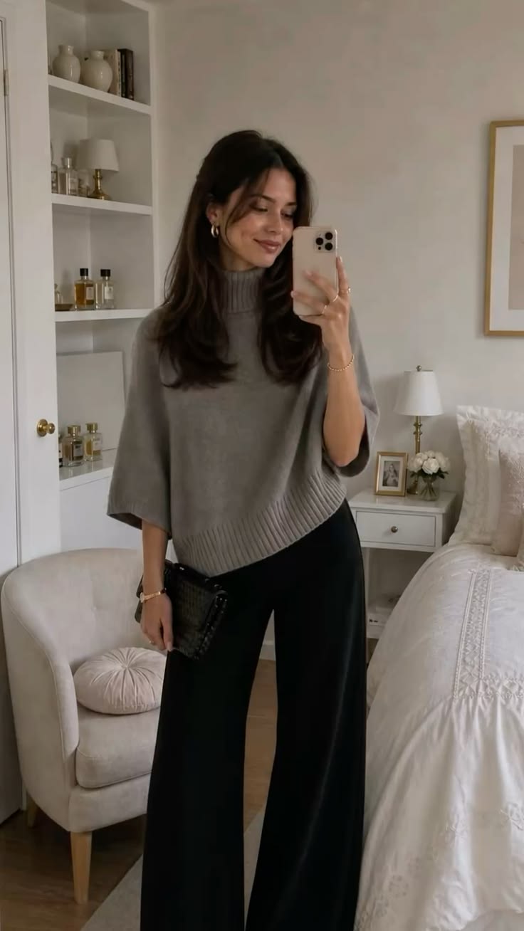 20 Baddie Work Outfits That'll Make Everyone Notice You - 6. Soft Gray Poncho and Sleek Black Trousers 1