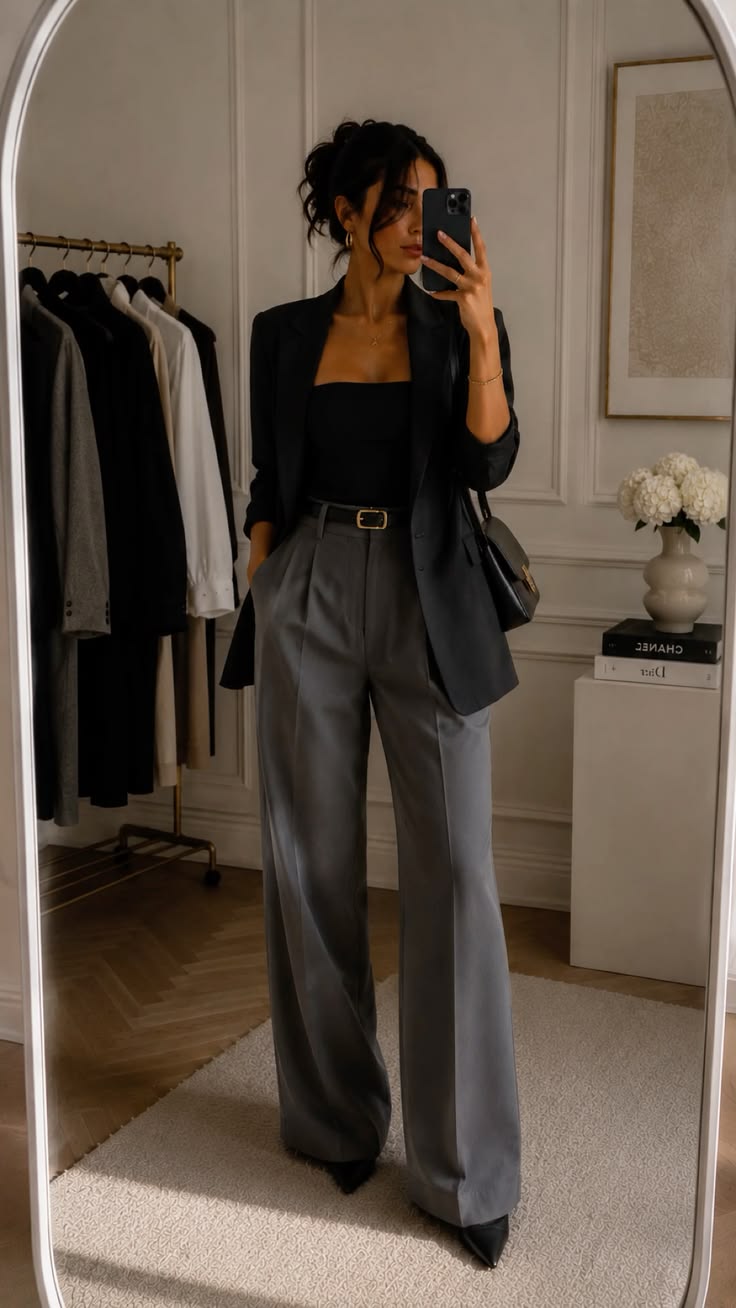 20 Baddie Work Outfits That'll Make Everyone Notice You - 7. Sharp Blazer, Bandeau Top, and Silver Trousers 1