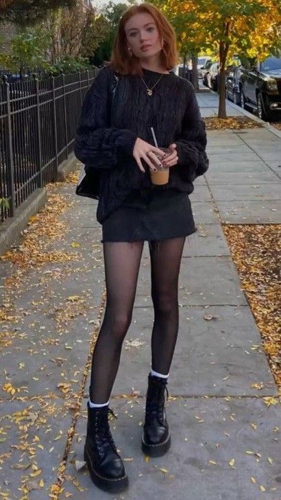 20 Black Tights Styling Tricks That Create a Longer, Sleeker Silhouette - 17. Give Sheer Black Tights an Edgy Leather-Jacket Finish 1