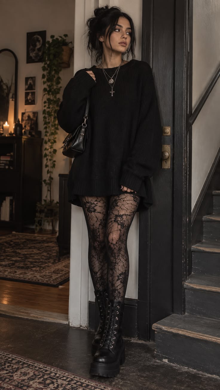 20 Black Tights Styling Tricks That Create a Longer, Sleeker Silhouette - 3. Use Lace Tights to Add Texture Under an Oversized Sweater 1