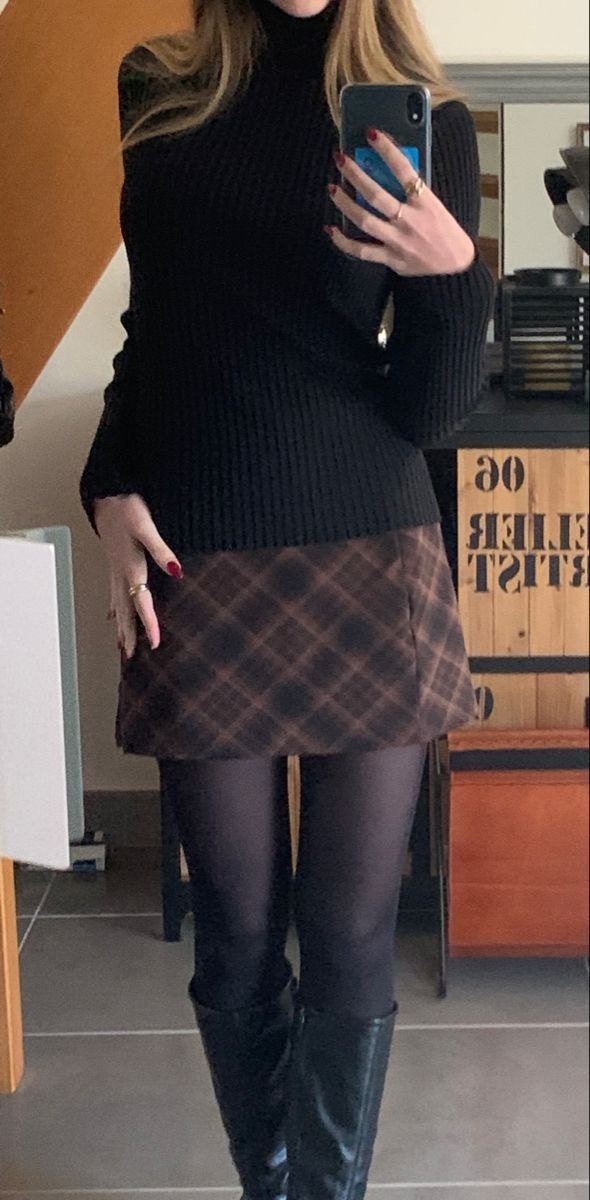 20 Black Tights Styling Tricks That Create a Longer, Sleeker Silhouette - 4. Mix Plaid, Black Tights, and Tall Boots for a Neat Autumn Column 1