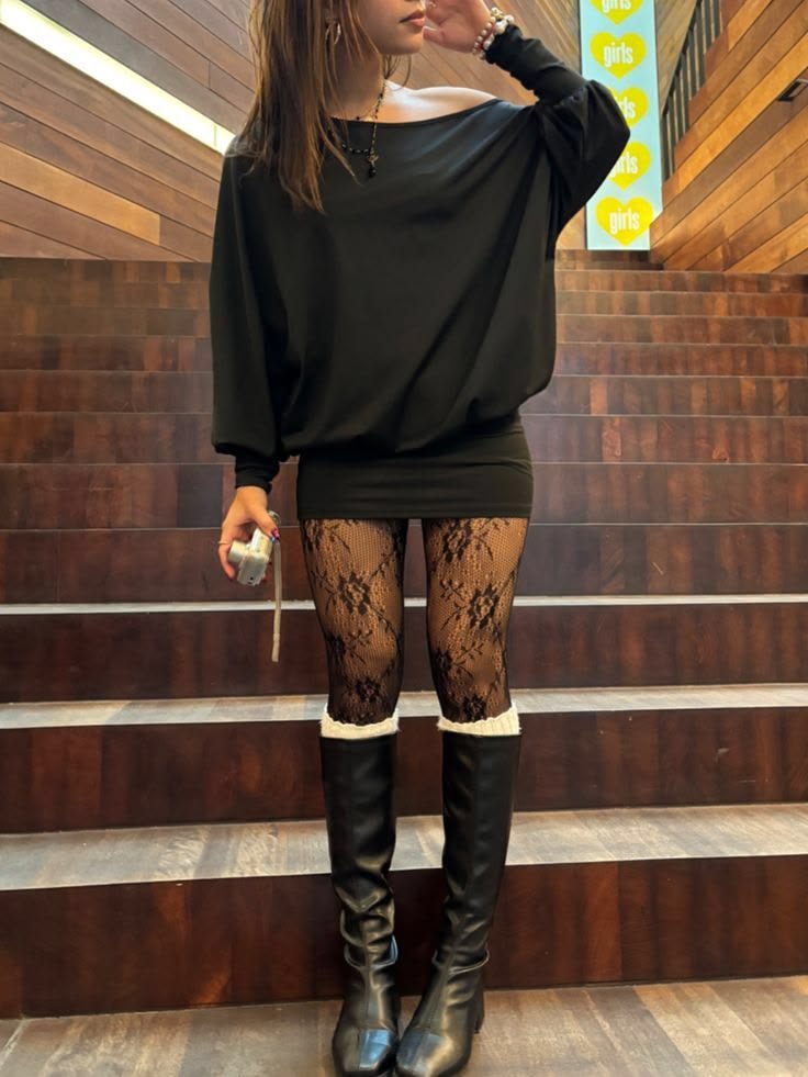 20 Black Tights Styling Tricks That Create a Longer, Sleeker Silhouette - 5. Frame Patterned Tights with White Socks and Tall Boots 1