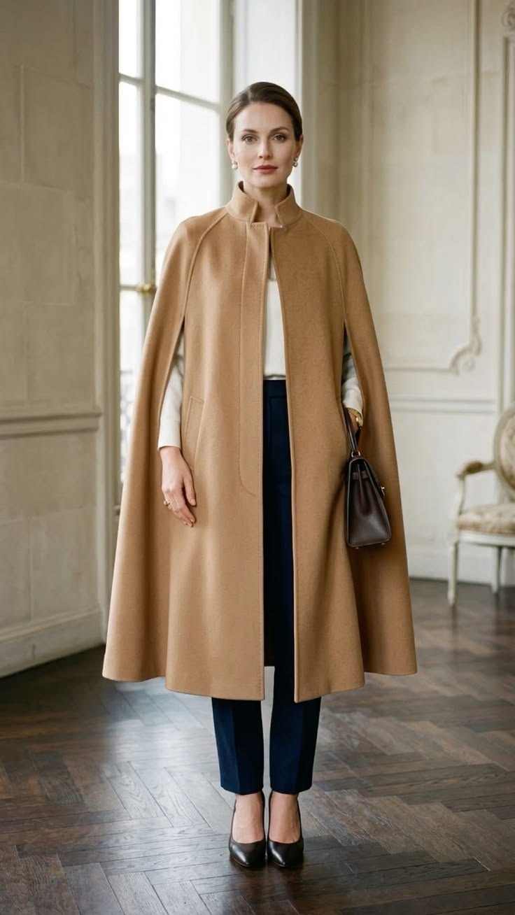 20 Cape Outfit Ideas That Look Straight Off the Runway (Wait Until You See #7!) - 10. The Long Camel Cape for Office Days 1