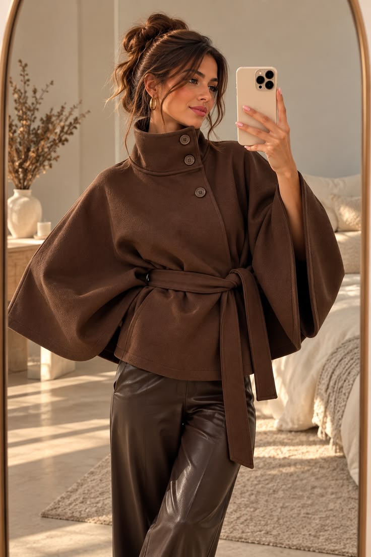 20 Cape Outfit Ideas That Look Straight Off the Runway (Wait Until You See #7!) - 11. Chocolate Belted Cape with Leather Pants 1