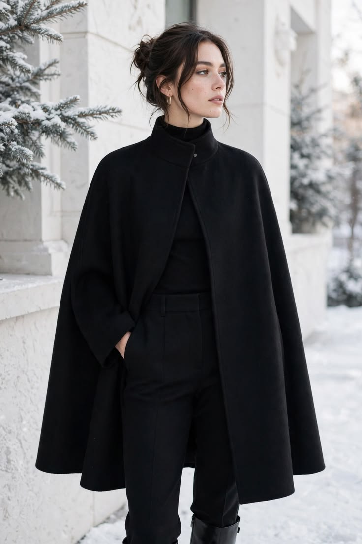 20 Cape Outfit Ideas That Look Straight Off the Runway (Wait Until You See #7!) - 13. All-Black Cape in a Snowy Setting 1