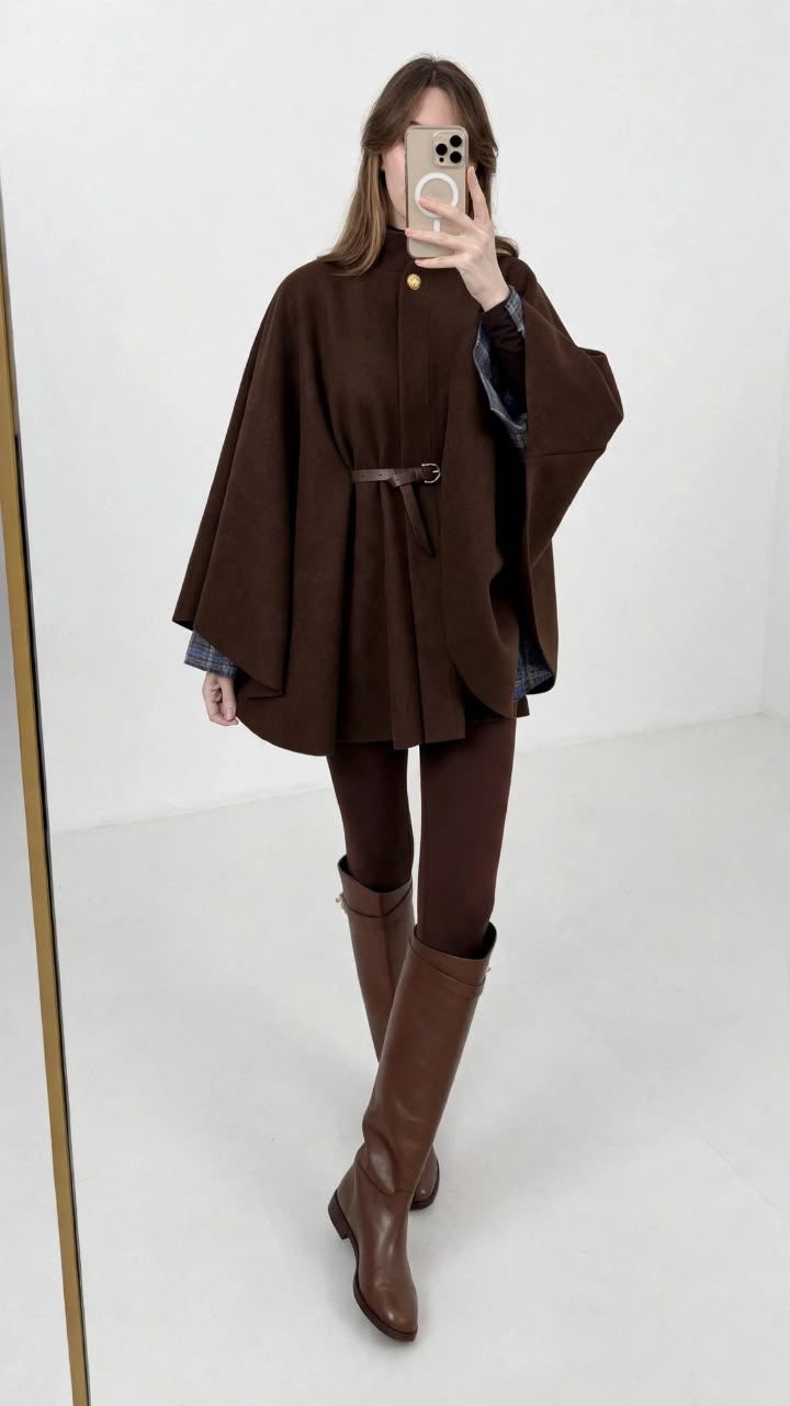 20 Cape Outfit Ideas That Look Straight Off the Runway (Wait Until You See #7!) - 14. Brown Cape with a Belt and Riding Boots 1