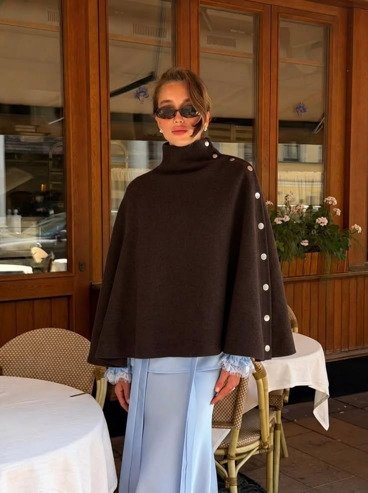 20 Cape Outfit Ideas That Look Straight Off the Runway (Wait Until You See #7!) - 16. Button-Trimmed Cape with a Pale Blue Skirt 1