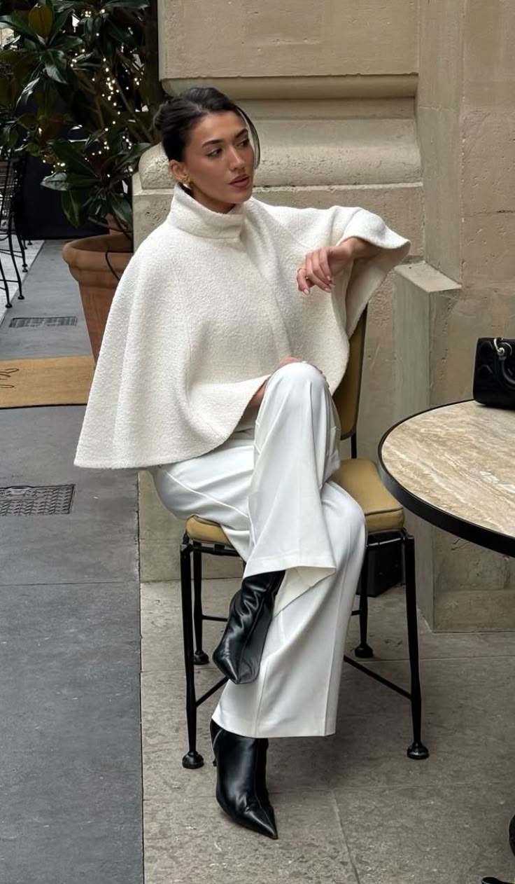 20 Cape Outfit Ideas That Look Straight Off the Runway (Wait Until You See #7!) - 17. Bouclé White Cape with White Trousers 1