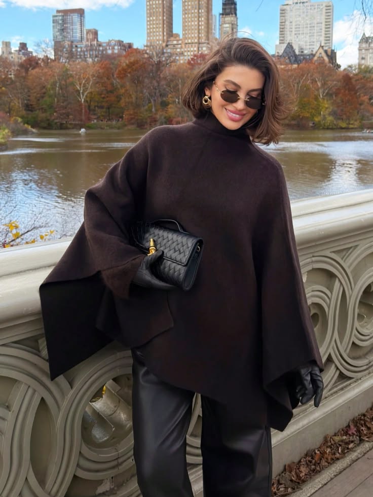 20 Cape Outfit Ideas That Look Straight Off the Runway (Wait Until You See #7!) - 5. Chocolate Cape with Leather Trousers 1