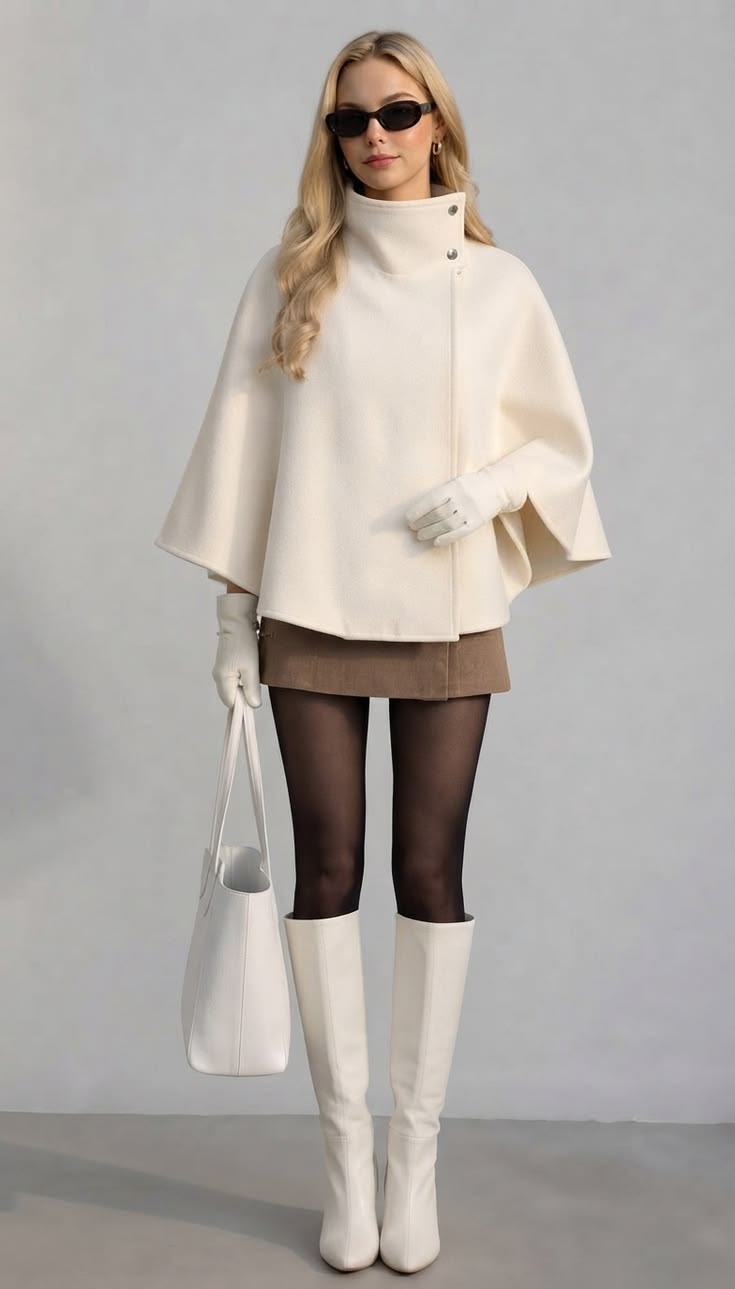 20 Cape Outfit Ideas That Look Straight Off the Runway (Wait Until You See #7!) - 6. The Ivory Cape, Mini Skirt, and White Boots Trio 1