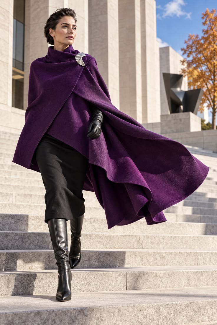 20 Cape Outfit Ideas That Look Straight Off the Runway (Wait Until You See #7!) - 9. Dramatic Purple Cape with a Silver Brooch 1
