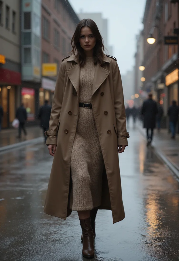 20 Chic Autumn Outfits for Women That Make Getting Dressed Effortless (You’ll Want to Copy #7!) - 18. The Rain-Friendly Trench and Knit Dress 1