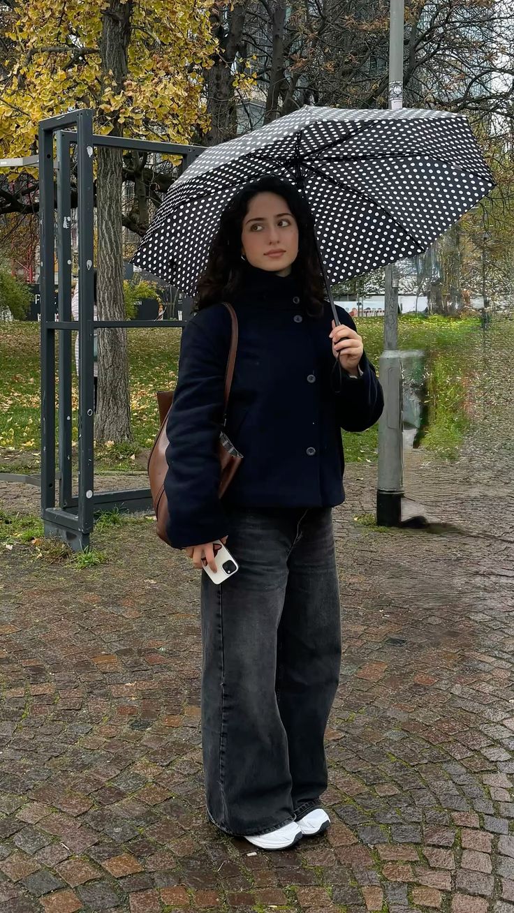 20 Chic Rainy Day Outfits That Make Bad Weather Look Surprisingly Stylish - 10. Polka-Dot Umbrella, Navy Layers 1