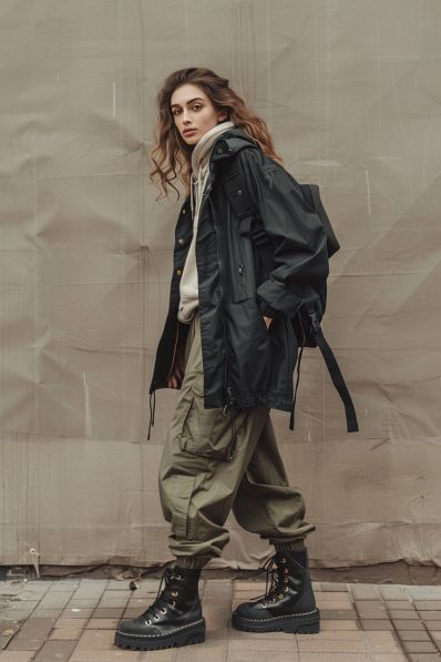 20 Chic Rainy Day Outfits That Make Bad Weather Look Surprisingly Stylish - 12. Utility Jacket and Cargo Trousers 1