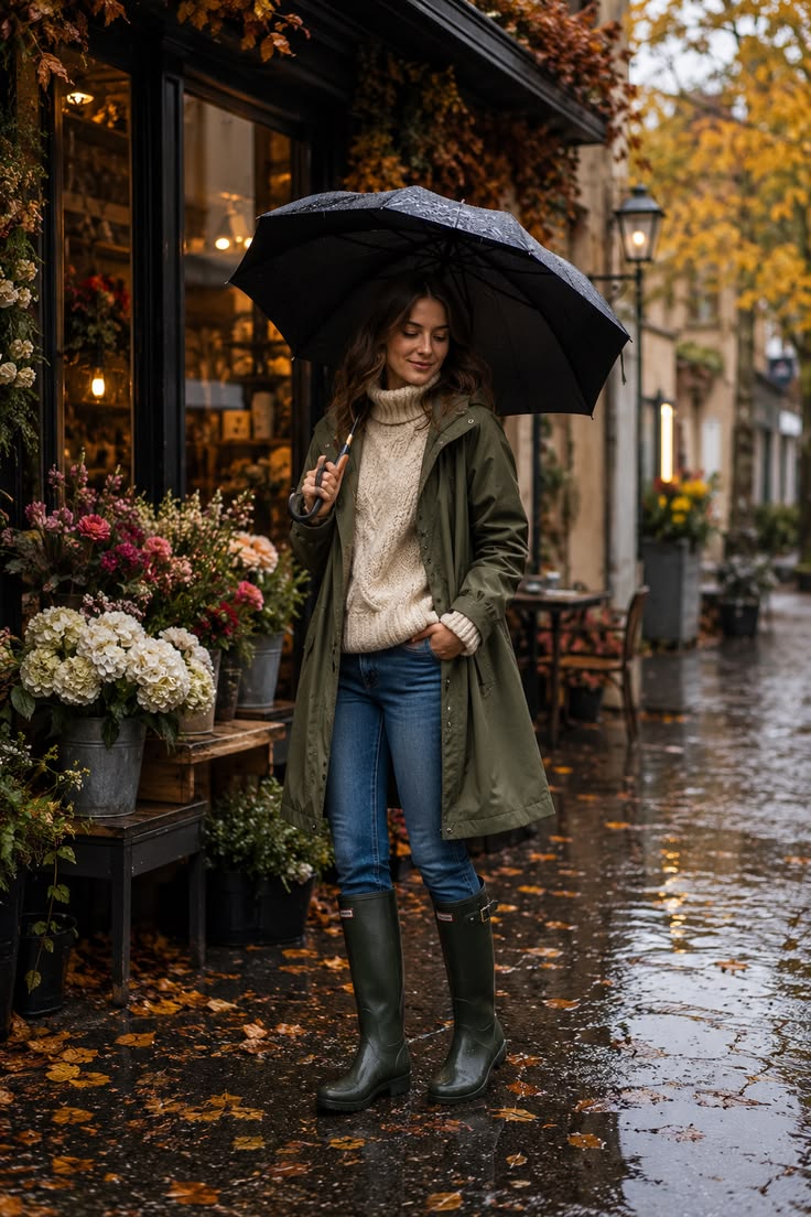 20 Chic Rainy Day Outfits That Make Bad Weather Look Surprisingly Stylish - 16. Olive Parka and Cream Cable Knit 1