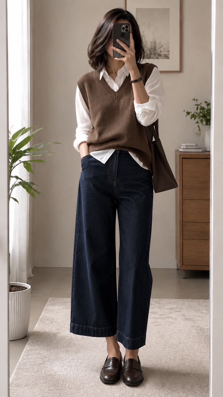 20 Chic Rainy Day Outfits That Make Bad Weather Look Surprisingly Stylish - 20. Preppy Sweater Vest for a Dry Indoor Finish 1