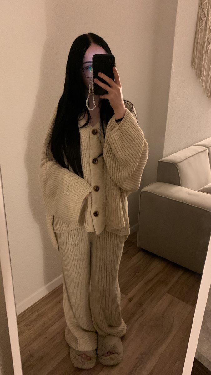 20 Cozy Fall Outfits That Make Staying Home Feel Like a Luxury - 13. Chocolate Cable Cardigan with Flared Leggings 1