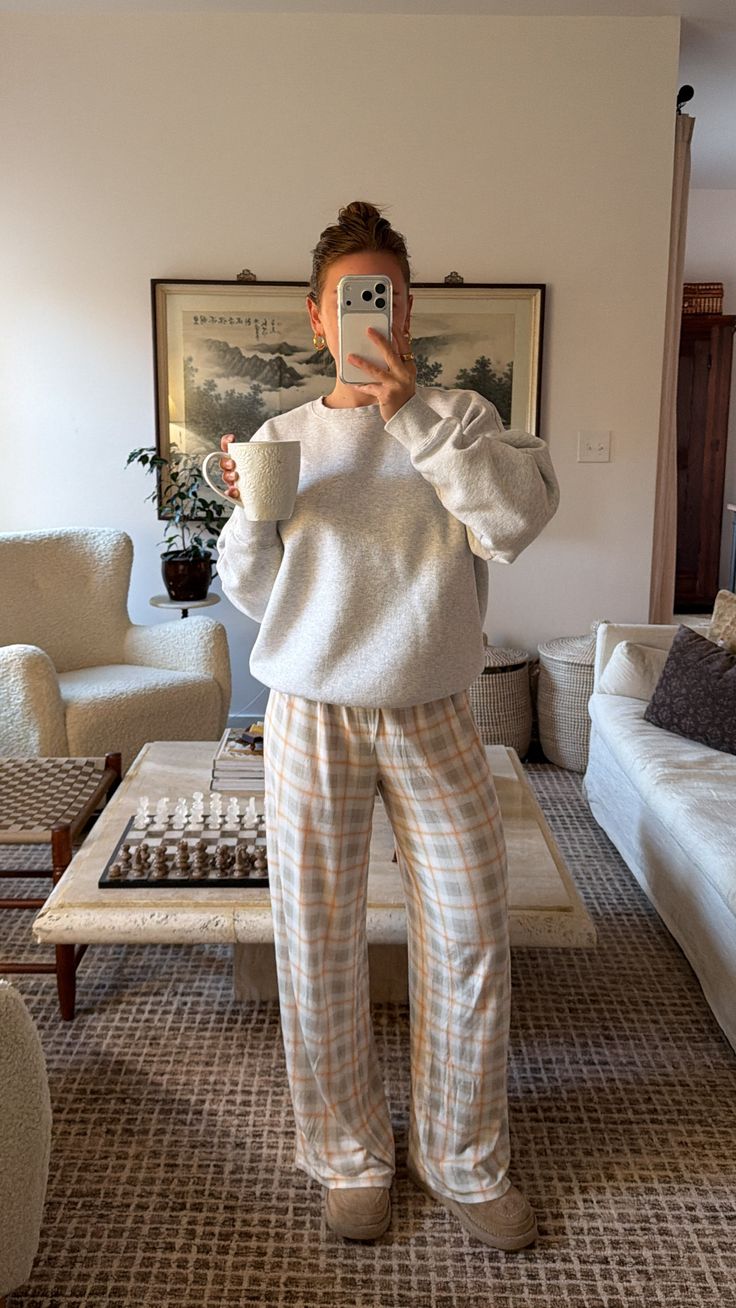 20 Cozy Fall Outfits That Make Staying Home Feel Like a Luxury - 15. Boucle Sweater with Plush Checkered Lounge Pants 1
