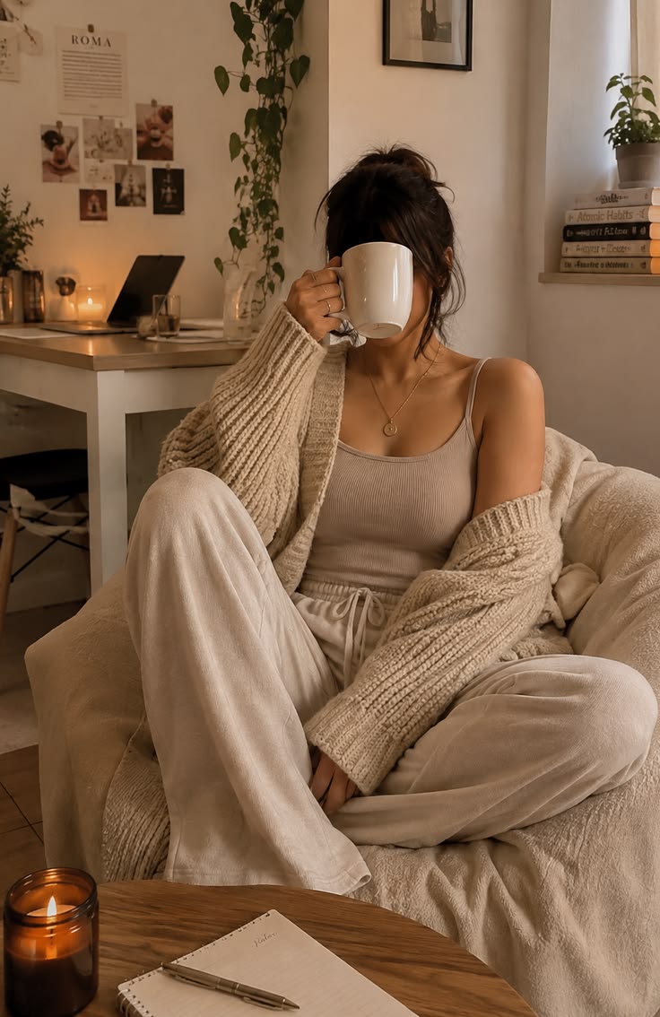 20 Cozy Fall Outfits That Make Staying Home Feel Like a Luxury - 18. Oversized Gray Sweatshirt with Chocolate Leggings 1