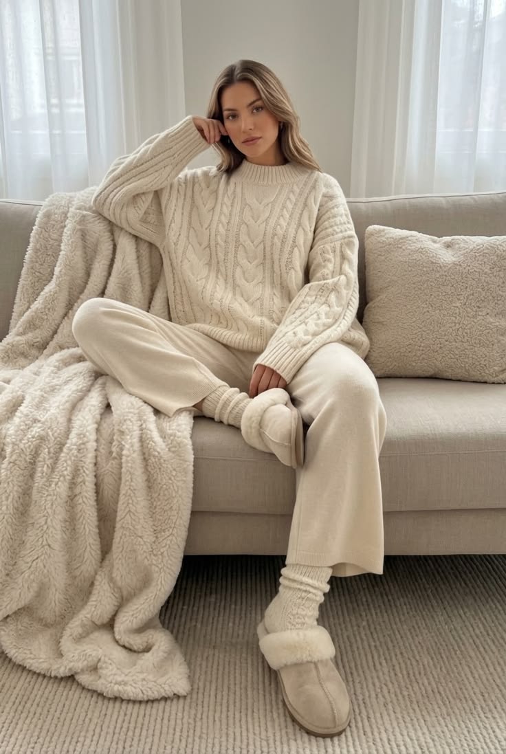 20 Cozy Fall Outfits That Make Staying Home Feel Like a Luxury - 2. Cream Cable Knit with Soft Ivory Lounge Pants 1