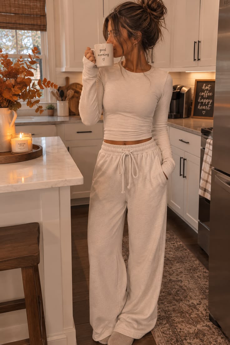 20 Cozy Fall Outfits That Make Staying Home Feel Like a Luxury - 9. Cropped Long-Sleeve Top with Oversized Joggers 1