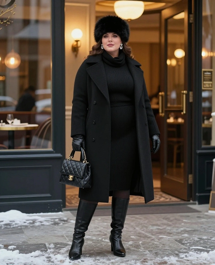 20 Curvy Winter Outfits That Prove Cold Weather Style Can Be Cozy and Glamorous - 10. An All-Black Outfit With Luxe Texture 1