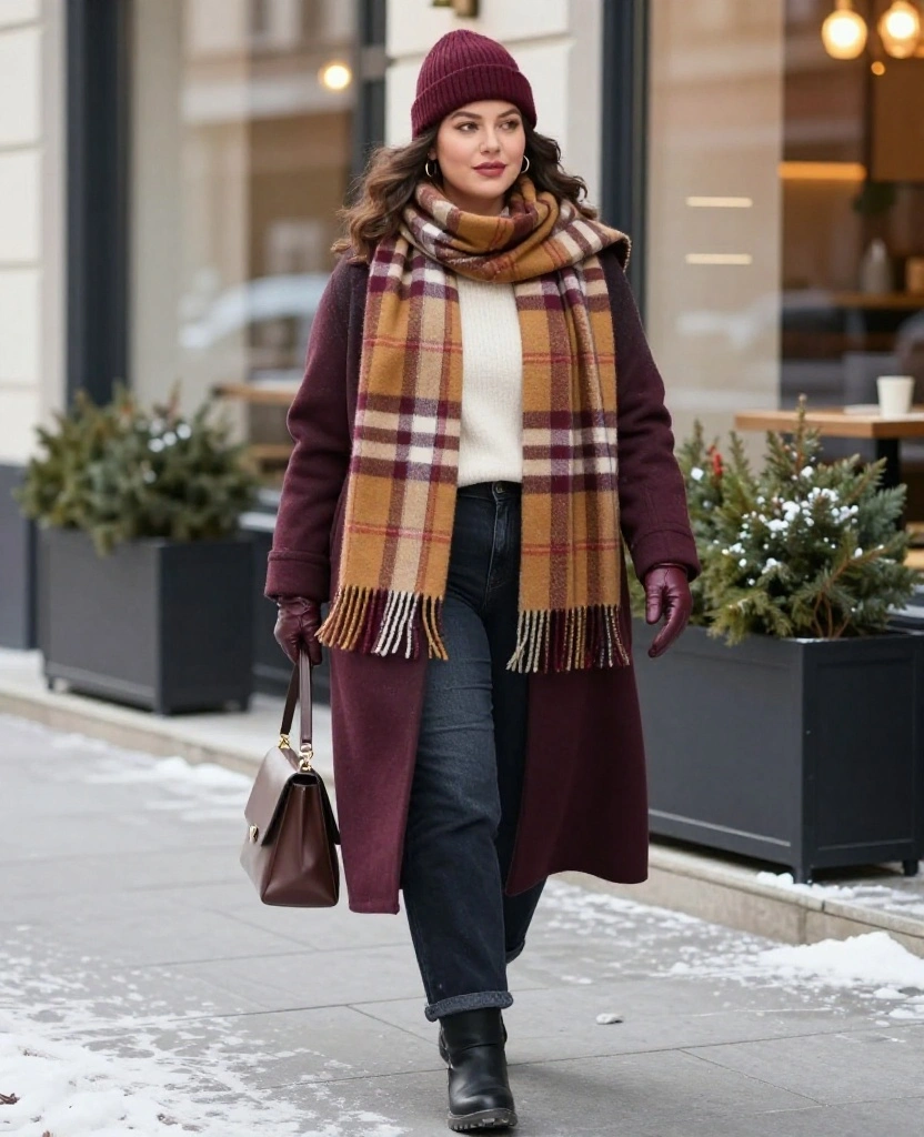 20 Curvy Winter Outfits That Prove Cold Weather Style Can Be Cozy and Glamorous - 11. Let a Statement Scarf Lead the Outfit 1