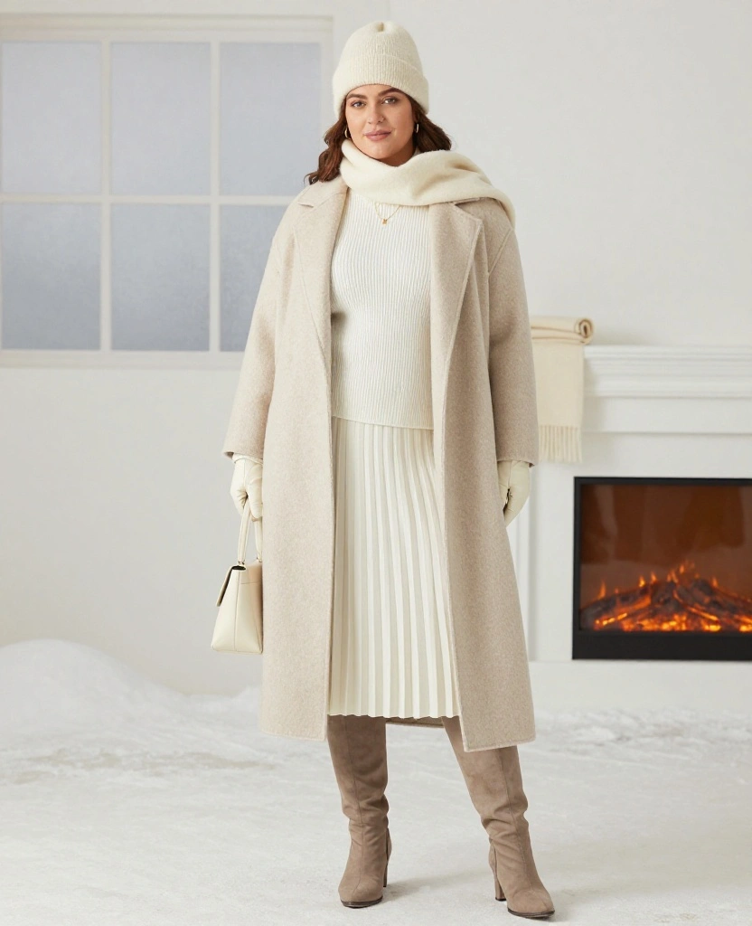 20 Curvy Winter Outfits That Prove Cold Weather Style Can Be Cozy and Glamorous - 15. Winter White From Coat to Boots 1