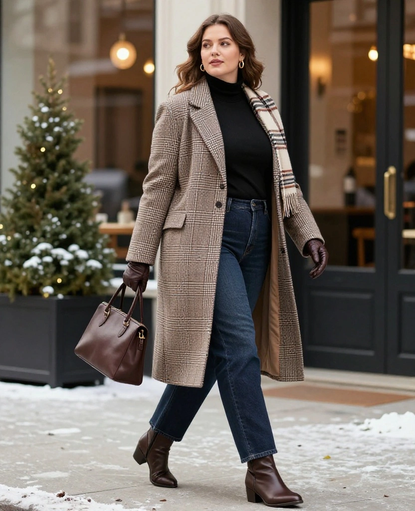 20 Curvy Winter Outfits That Prove Cold Weather Style Can Be Cozy and Glamorous - 5. The Plaid Blazer Layered for Winter 1