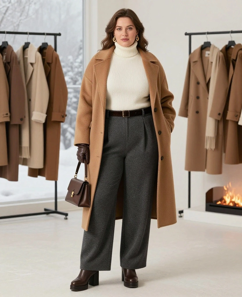 20 Curvy Winter Outfits That Prove Cold Weather Style Can Be Cozy and Glamorous - 6. Wide-Leg Trousers With a Fitted Turtleneck 1
