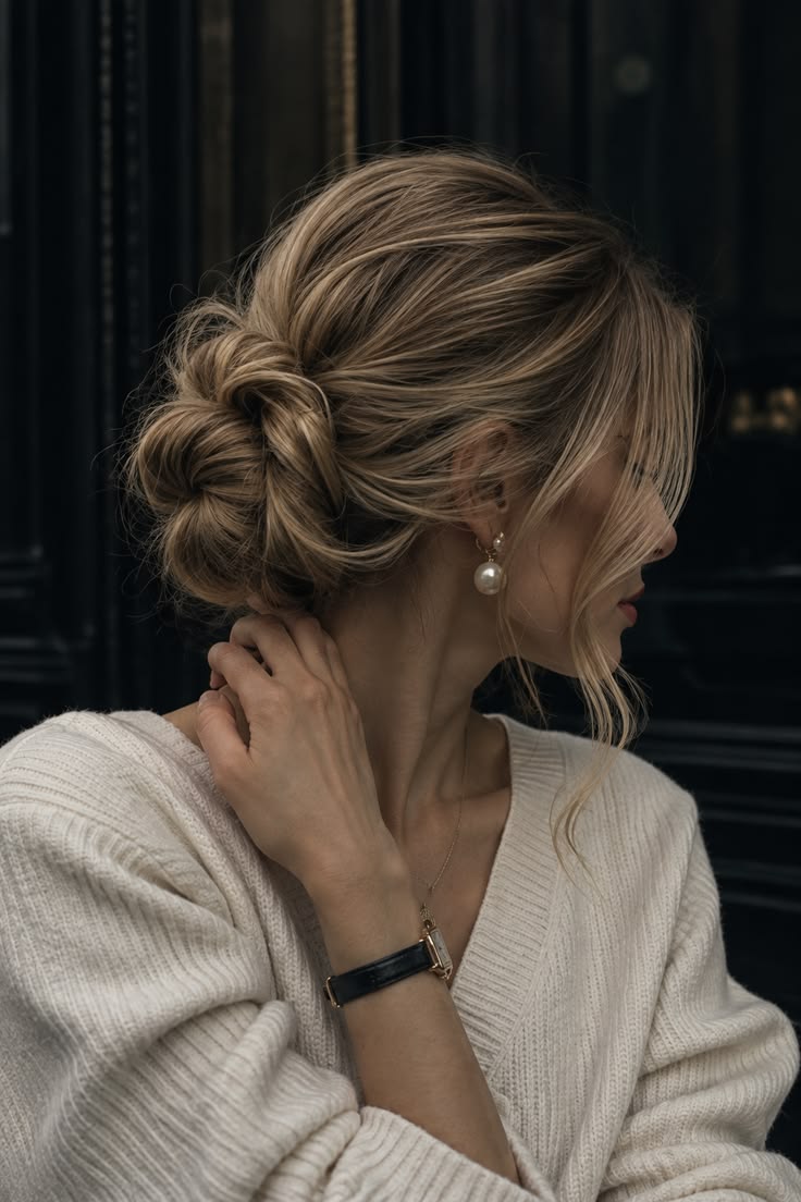20 Elegant Messy Updos That Are Perfect for Prom, Parties, and Special Events - 13. The Soft Blonde Knit-Bun Look 1
