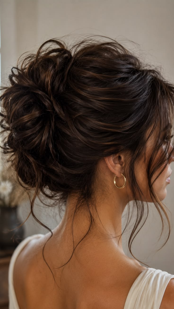 20 Elegant Messy Updos That Are Perfect for Prom, Parties, and Special Events - 4. The Soft Brunette Side Bun 1