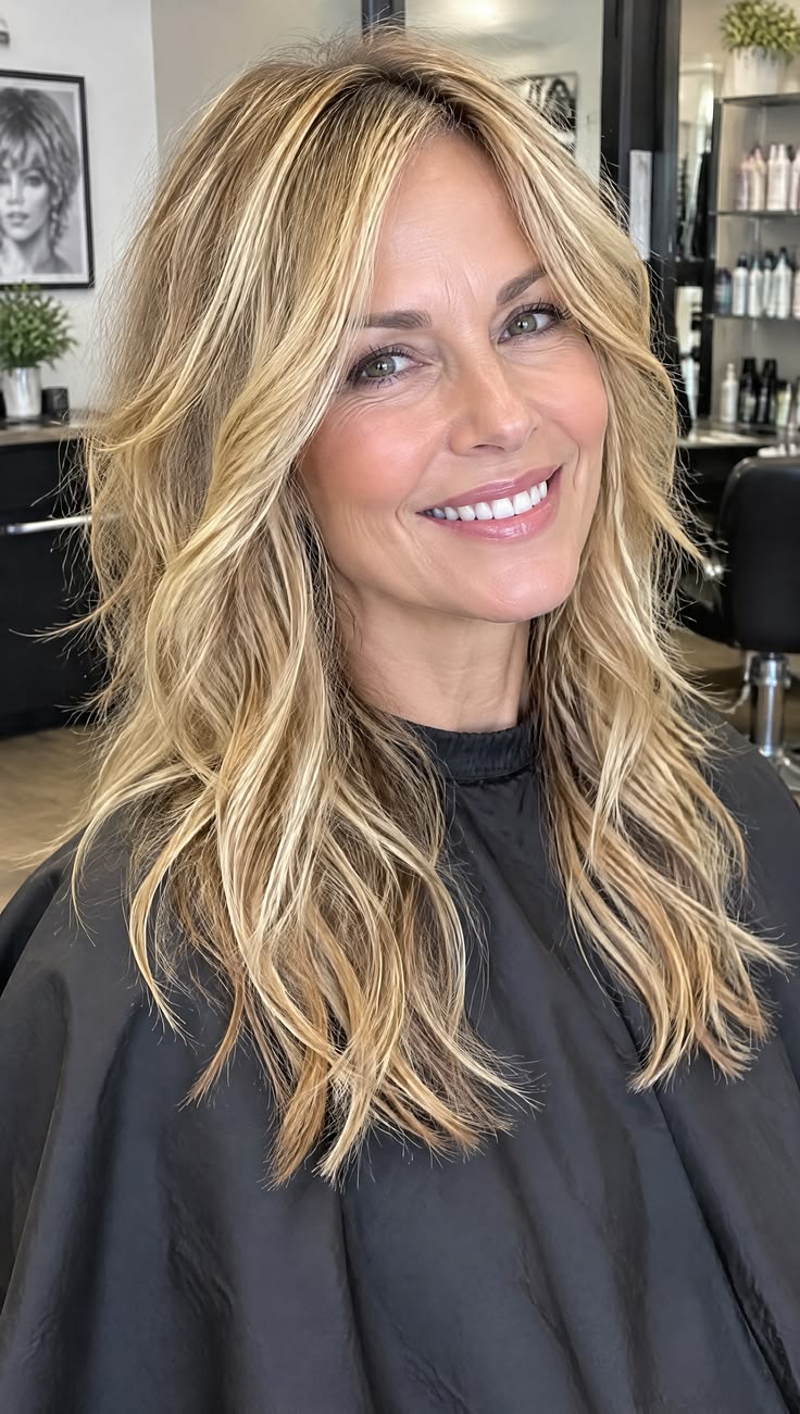 20 Face-Framing Blonde Highlight Ideas for Women Over 55 That Beautifully Enhance Your Features - 10. Golden Blonde Length with Bright, Flowy Face Frames 1