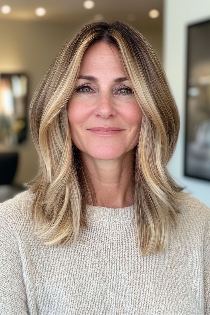 20 Face-Framing Blonde Highlight Ideas for Women Over 55 That Beautifully Enhance Your Features - 2. Beige Blonde Curtain Pieces for an Easy Everyday Glow 1