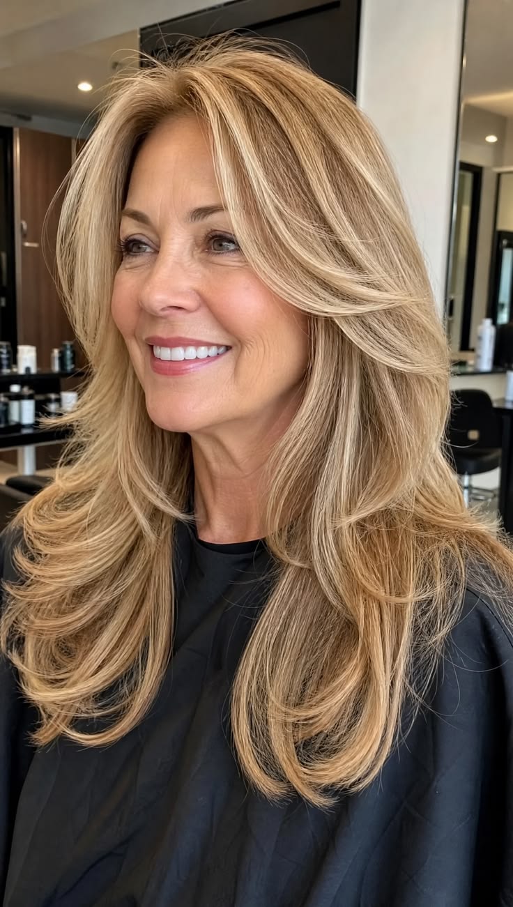 20 Face-Framing Blonde Highlight Ideas for Women Over 55 That Beautifully Enhance Your Features - 3. Honey Champagne Layers with a Touch of Old-Hollywood Volume 1