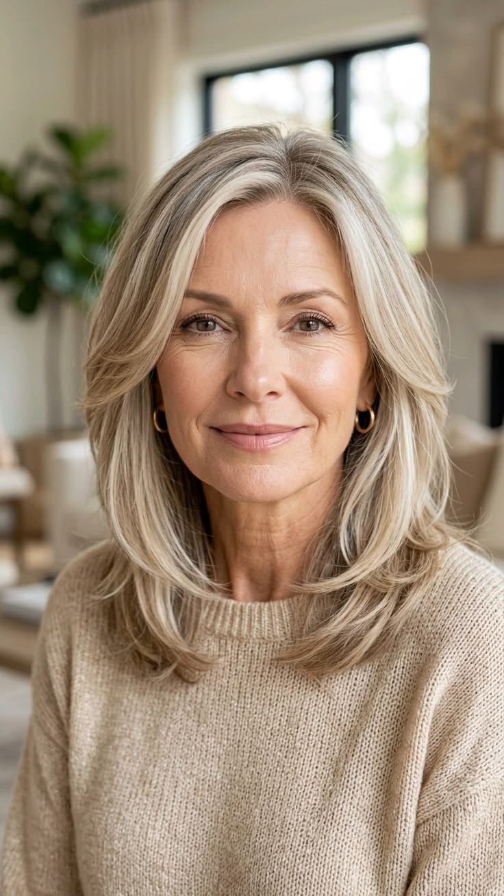 20 Face-Framing Blonde Highlight Ideas for Women Over 55 That Beautifully Enhance Your Features - 4. Pearl Blonde and Gray Blending for a Bright, Natural Transition 1