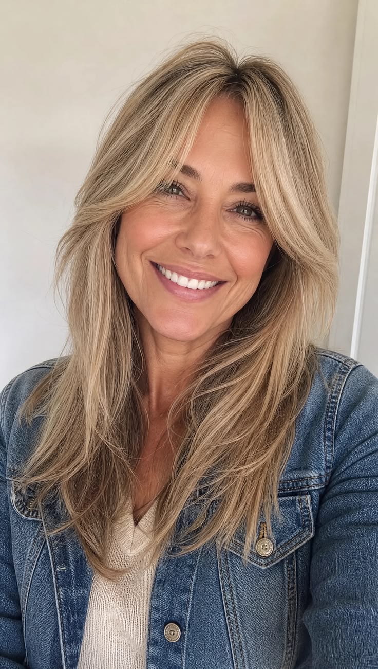 20 Face-Framing Blonde Highlight Ideas for Women Over 55 That Beautifully Enhance Your Features - 5. Sandy Blonde Face Frames on Long, Relaxed Layers 1