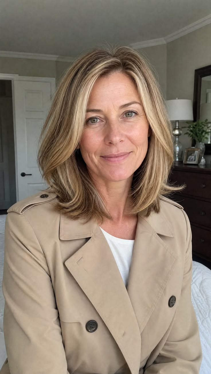 20 Face-Framing Blonde Highlight Ideas for Women Over 55 That Beautifully Enhance Your Features - 8. Beige Bronde Highlights on a Polished Collarbone Bob 1
