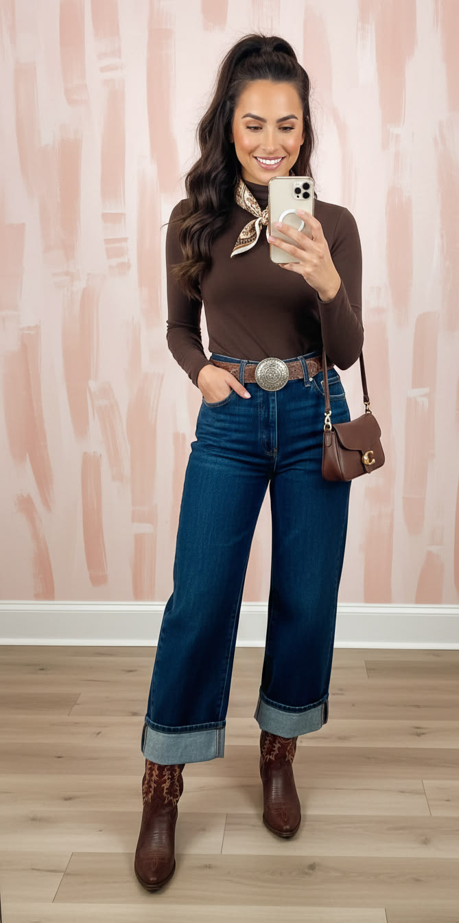 20 Fall Western Denim Outfits You’ll Want to Copy the Moment Temperatures Drop - 11. Chocolate Brown Layers with Cuffed Denim 1