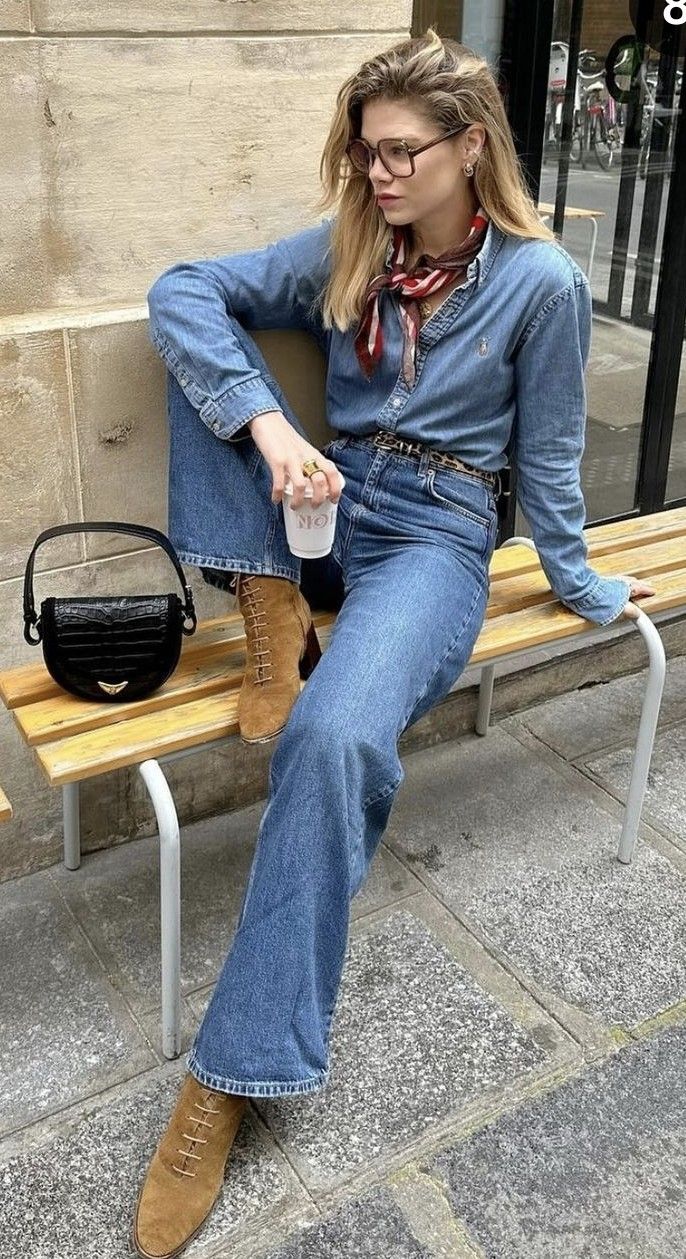 20 Fall Western Denim Outfits You’ll Want to Copy the Moment Temperatures Drop - 15. Café Cowgirl in a Denim Shirt 1