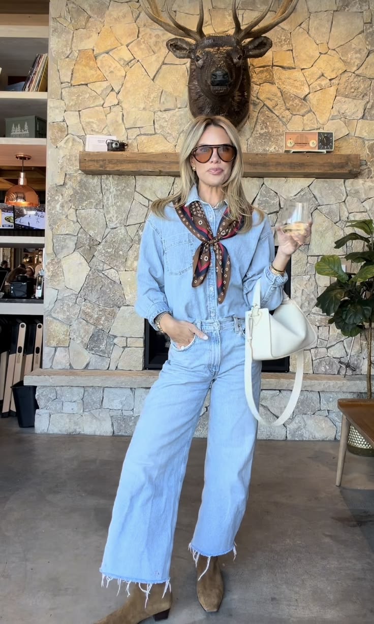 20 Fall Western Denim Outfits You’ll Want to Copy the Moment Temperatures Drop - 5. The Scarf-Tied Denim Jumpsuit 1